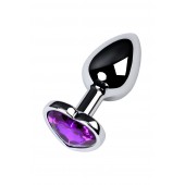 Серебристая коническая анальная пробка с фиолетовым кристаллом-сердечком - 7 см. - ToyFa - купить с доставкой в Бийске