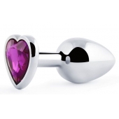 Серебристая анальная пробка с фиолетовым кристаллом-сердечком - 8 см. - Anal Jewelry Plug - купить с доставкой в Бийске