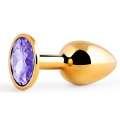 Золотистая анальная пробка с фиолетовым стразом - 7,2 см. - Anal Jewelry Plug - купить с доставкой в Бийске