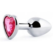 Серебристая анальная пробка с розовым кристаллом-сердечком - 7 см. - Anal Jewelry Plug - купить с доставкой в Бийске