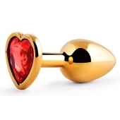 Золотистая анальная пробка с красным стразом-сердечком - 7 см. - Anal Jewelry Plug - купить с доставкой в Бийске