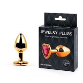 Золотистая анальная пробка с малиновым кристаллом-сердечком - 7 см. - Anal Jewelry Plug - купить с доставкой в Бийске