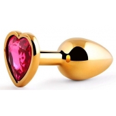 Золотистая анальная пробка с малиновым кристаллом-сердечком - 7 см. - Anal Jewelry Plug - купить с доставкой в Бийске