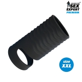 Черная открытая насадка на пенис с кольцом для мошонки XXL-size - 9,4 см. - Sex Expert - в Бийске купить с доставкой
