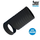 Черная открытая насадка на пенис с кольцом для мошонки XXXL-size - 9,9 см. - Sex Expert - в Бийске купить с доставкой