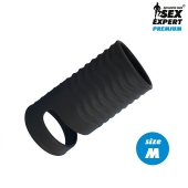 Черная открытая насадка на пенис с кольцом для мошонки size M - 7,9 см. - Sex Expert - в Бийске купить с доставкой