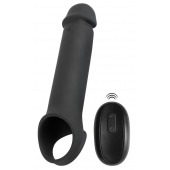 Черная вибронасадка для пениса с хомутом для мошонки и пультом ДУ Remote Controlled Penis Extension - Orion - в Бийске купить с доставкой