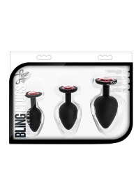 Набор черных анальных пробок с красным кристаллом-сердечком Bling Plugs Training Kit - Blush Novelties - купить с доставкой в Бийске