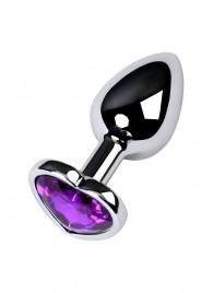 Серебристая коническая анальная пробка с фиолетовым кристаллом-сердечком - 7 см. - ToyFa - купить с доставкой в Бийске