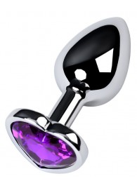 Серебристая коническая анальная пробка с фиолетовым кристаллом-сердечком - 7 см. - ToyFa - купить с доставкой в Бийске