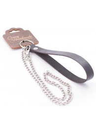 Серебристый металлический поводок с кожаной черной ручкой - 80 см. - Crazy Handmade - купить с доставкой в Бийске