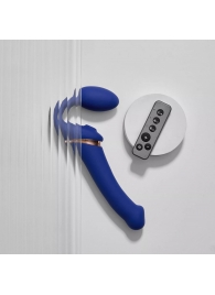 Синий безремневой страпон Multi Orgasm Bendable Strap-On size XL с клиторальной стимуляцией - Strap-on-me - купить с доставкой в Бийске