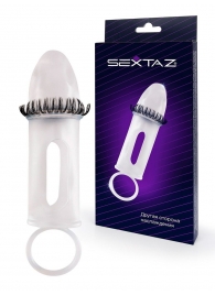 Закрытая насадка на пенис с подхватом мошонки и стимулирующими «ресничками» - Sextaz - в Бийске купить с доставкой