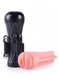 Телесный мастурбатор-вагина в черной колбе с вибрацией - Boys of Toys - в Бийске купить с доставкой