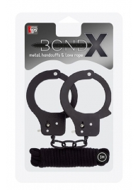 Чёрные наручники из листового металла в комплекте с веревкой BONDX METAL CUFFS LOVE ROPE SET - Dream Toys - купить с доставкой в Бийске