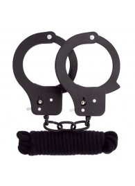 Чёрные наручники из листового металла в комплекте с веревкой BONDX METAL CUFFS LOVE ROPE SET - Dream Toys - купить с доставкой в Бийске