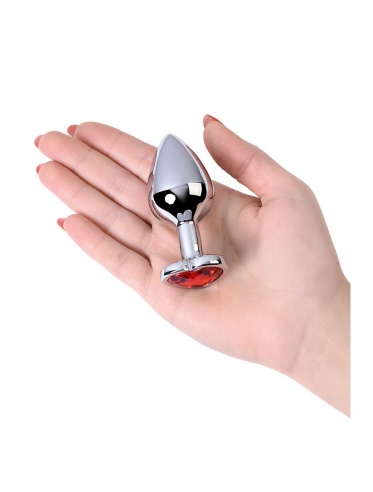 Серебристая коническая анальная пробка с красным кристаллом-сердечком - 7 см. - ToyFa - купить с доставкой в Бийске