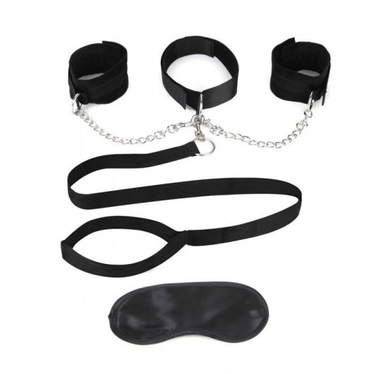 Чёрный ошейник с наручниками и поводком Collar Cuffs   Leash Set - Lux Fetish - купить с доставкой в Бийске