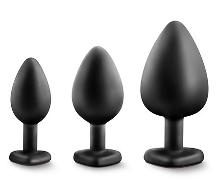 Набор черных анальных пробок с красным кристаллом-сердечком Bling Plugs Training Kit - Blush Novelties - купить с доставкой в Бийске