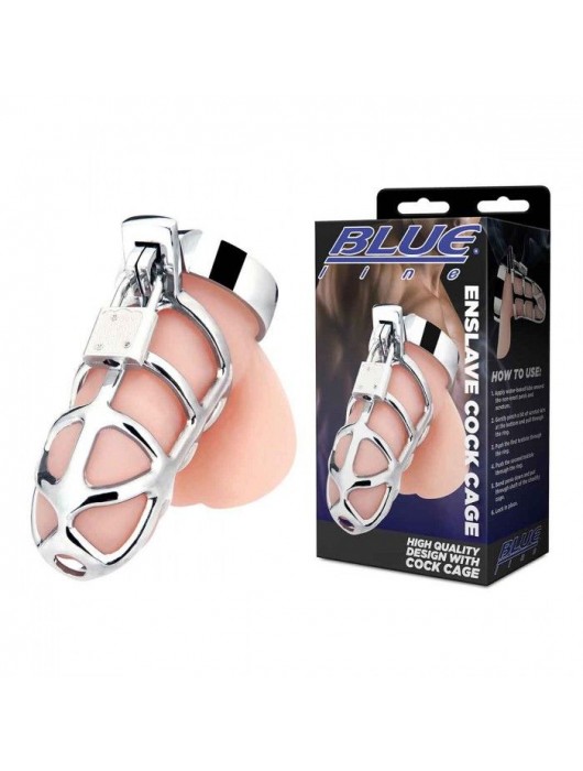 Серебристая металлическая клетка для члена с замком Enslave Cock Cage - BlueLine - купить с доставкой в Бийске