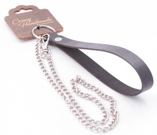 Серебристый металлический поводок с кожаной черной ручкой - 80 см. - Crazy Handmade - купить с доставкой в Бийске