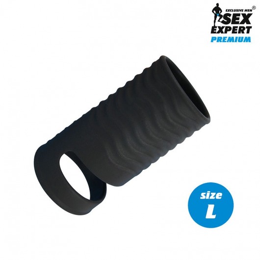 Черная открытая насадка на пенис с кольцом для мошонки L-size - 8,5 см. - Sex Expert - в Бийске купить с доставкой