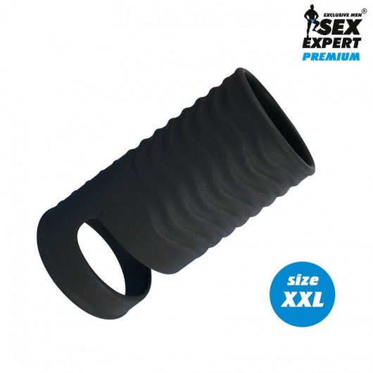 Черная открытая насадка на пенис с кольцом для мошонки XXL-size - 9,4 см. - Sex Expert - в Бийске купить с доставкой