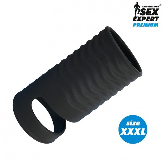 Черная открытая насадка на пенис с кольцом для мошонки XXXL-size - 9,9 см. - Sex Expert - в Бийске купить с доставкой