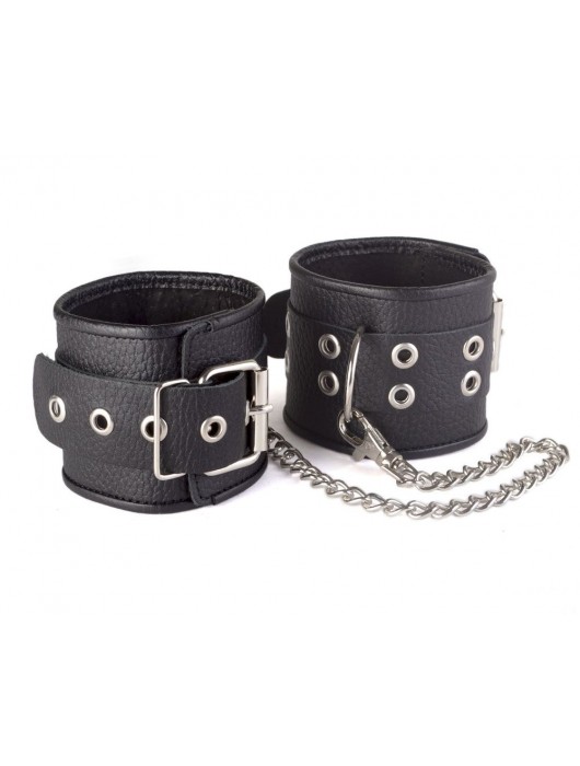 Кожаные черные оковы с широким ремешком, соединенные цепочкой - Sitabella - купить с доставкой в Бийске
