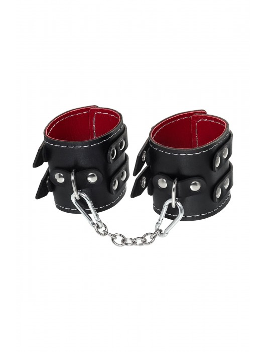 Черные кожаные наручники с двумя ремнями и красной подкладкой - Pecado - купить с доставкой в Бийске