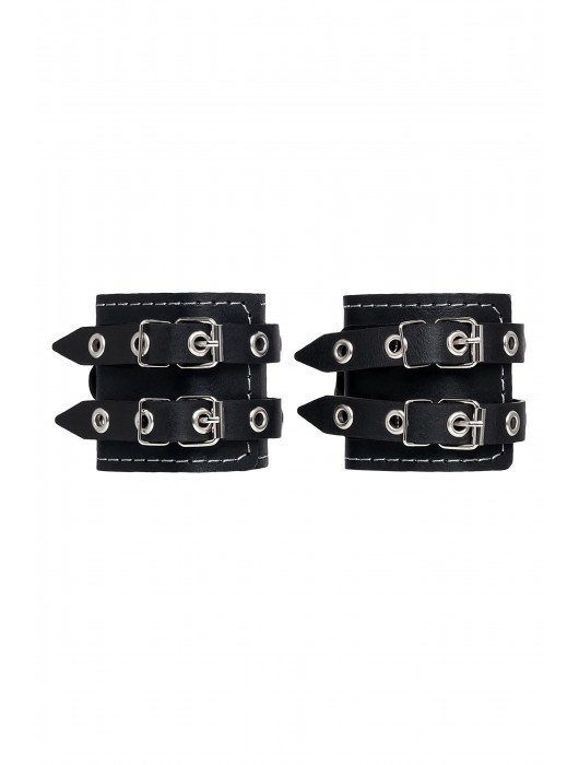 Черные кожаные наручники с двумя ремнями и красной подкладкой - Pecado - купить с доставкой в Бийске