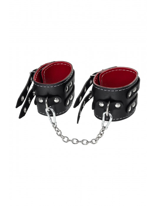 Черные кожаные оковы с двумя ремнями и красной подкладкой - Pecado - купить с доставкой в Бийске