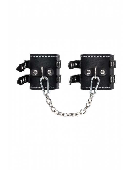 Черные кожаные оковы с двумя ремнями и красной подкладкой - Pecado - купить с доставкой в Бийске