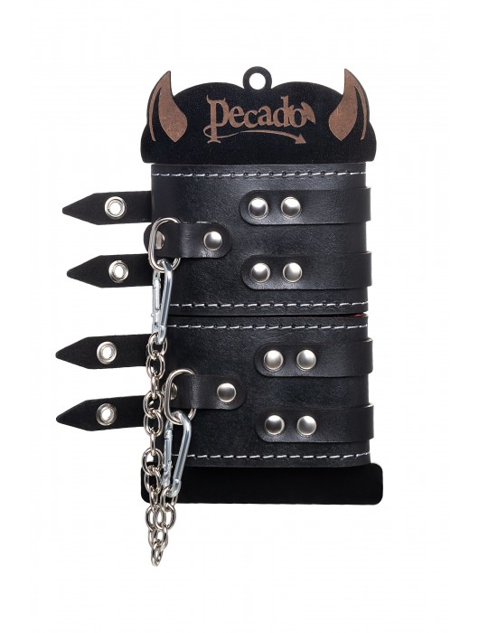 Черные кожаные оковы с двумя ремнями и красной подкладкой - Pecado - купить с доставкой в Бийске