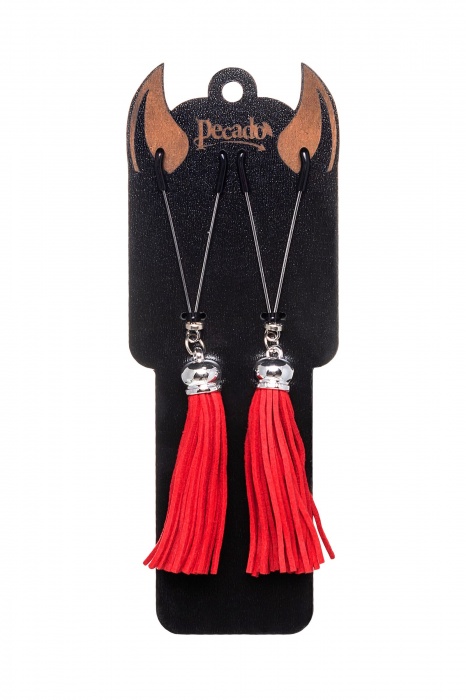 Зажимы на соски «Вилки» с красными кисточками из замши - Pecado - купить с доставкой в Бийске