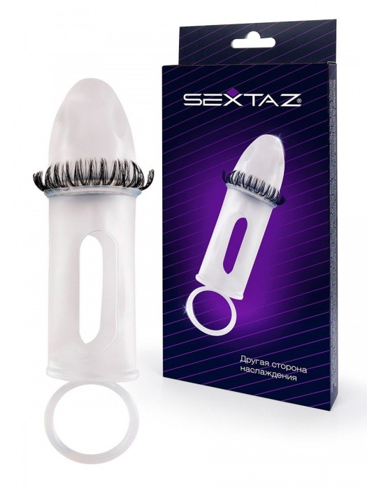 Закрытая насадка на пенис с подхватом мошонки и стимулирующими «ресничками» - Sextaz - в Бийске купить с доставкой