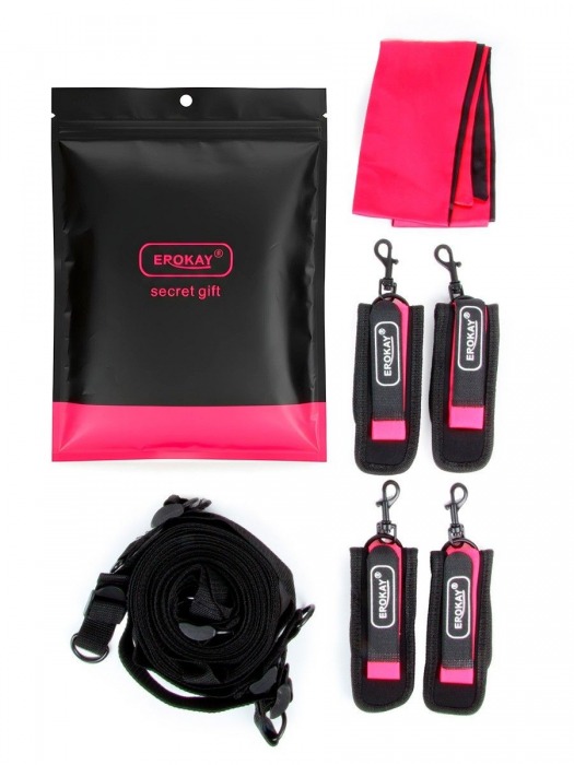 Черно-розовый эротический набор: фиксатор, оковы, наручники, повязка - Erokay - купить с доставкой в Бийске