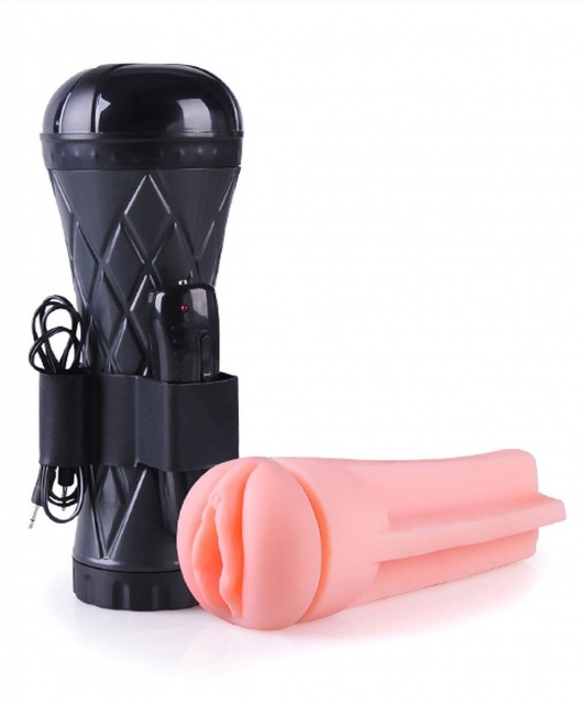 Телесный мастурбатор-вагина в черной колбе с вибрацией - Boys of Toys - в Бийске купить с доставкой
